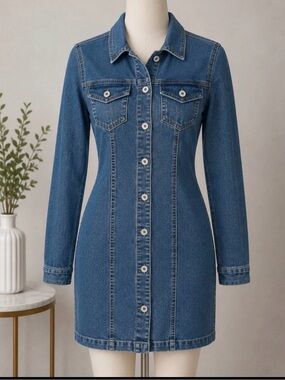RE Generation Celebrity Pink Denim Dress Womens XS Blue Button Front Long Sleeve